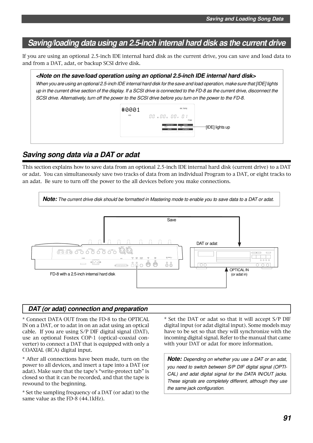 Fostex FD-8 owner manual Saving song data via a DAT or adat, Save DAT or adat 