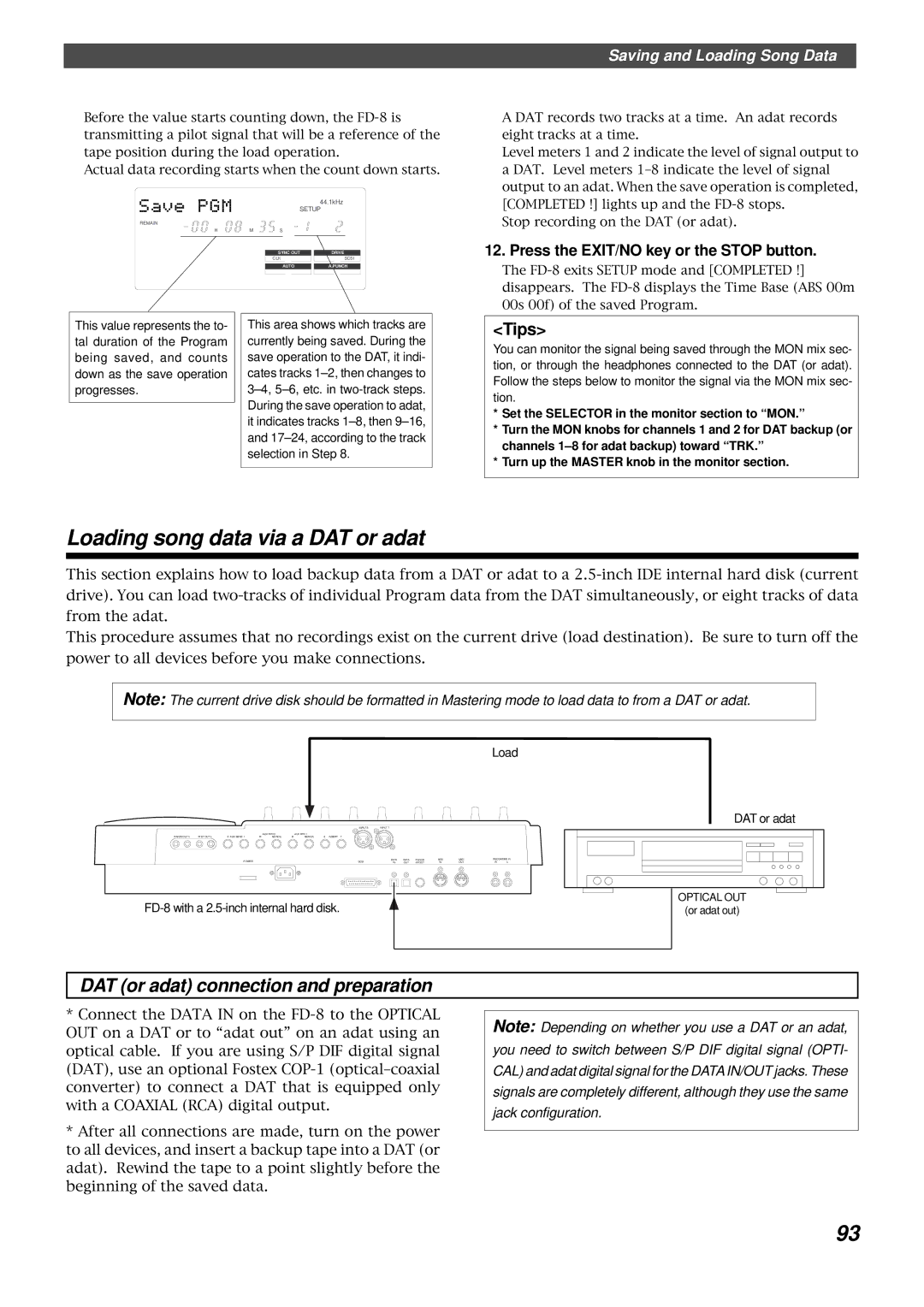 Fostex FD-8 owner manual Loading song data via a DAT or adat, Tips 