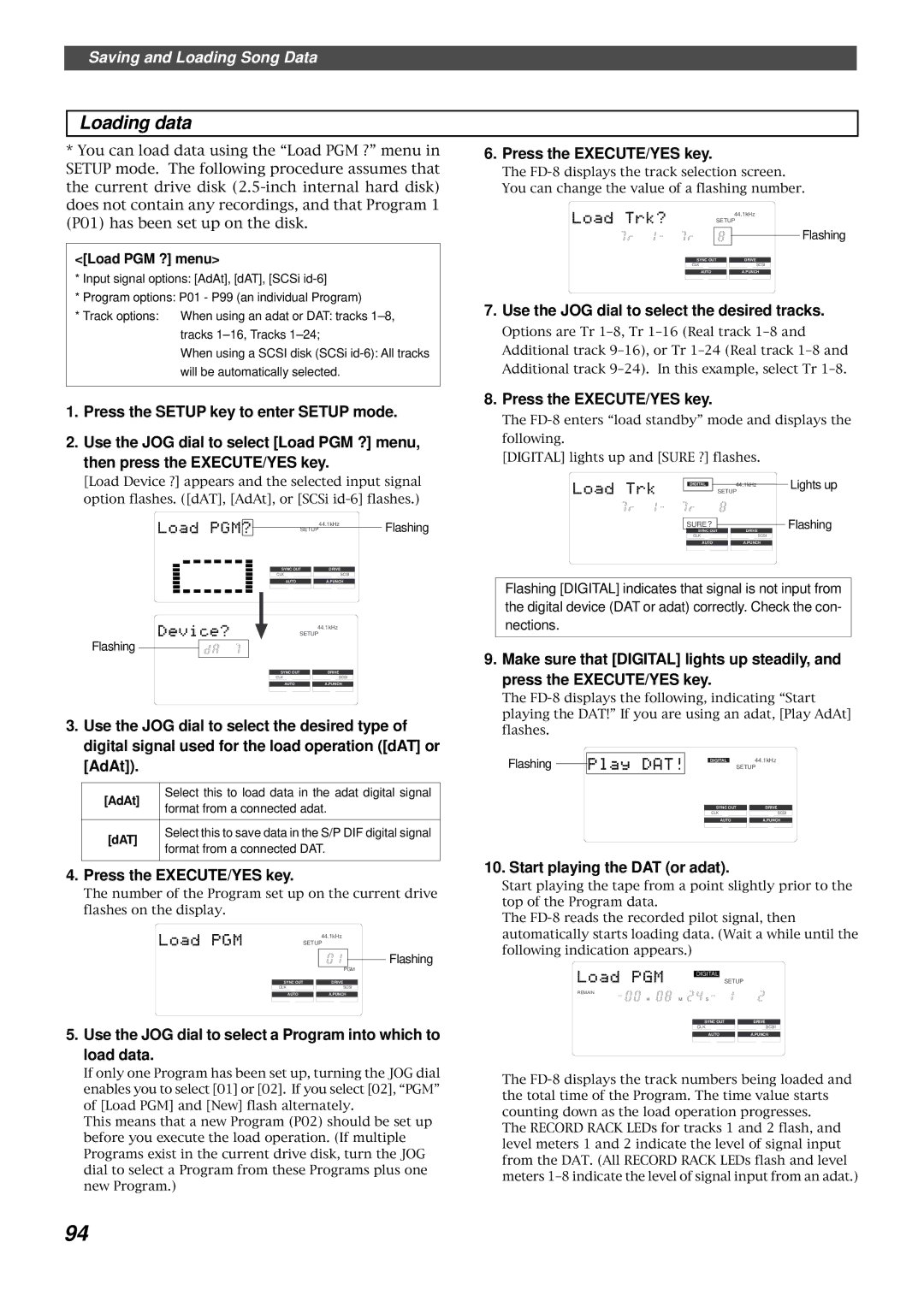 Fostex FD-8 owner manual Use the JOG dial to select a Program into which to load data, Start playing the DAT or adat 