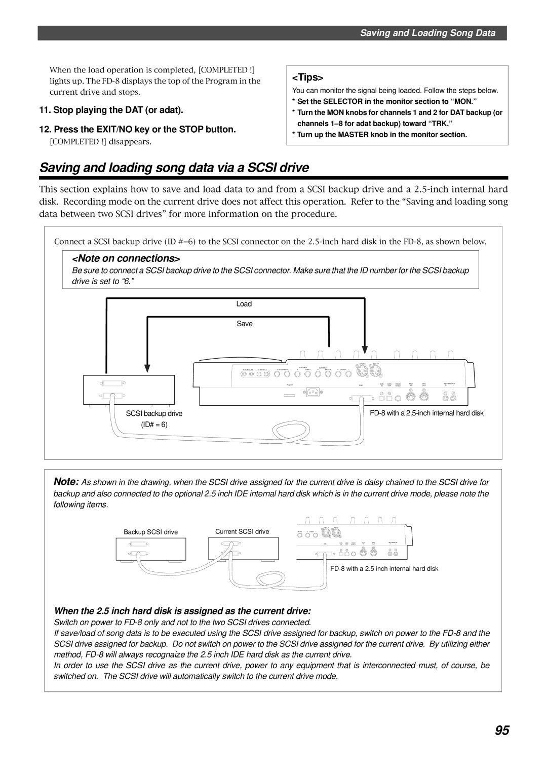 Fostex FD-8 owner manual Saving and loading song data via a Scsi drive, Set the Selector in the monitor section to MON 