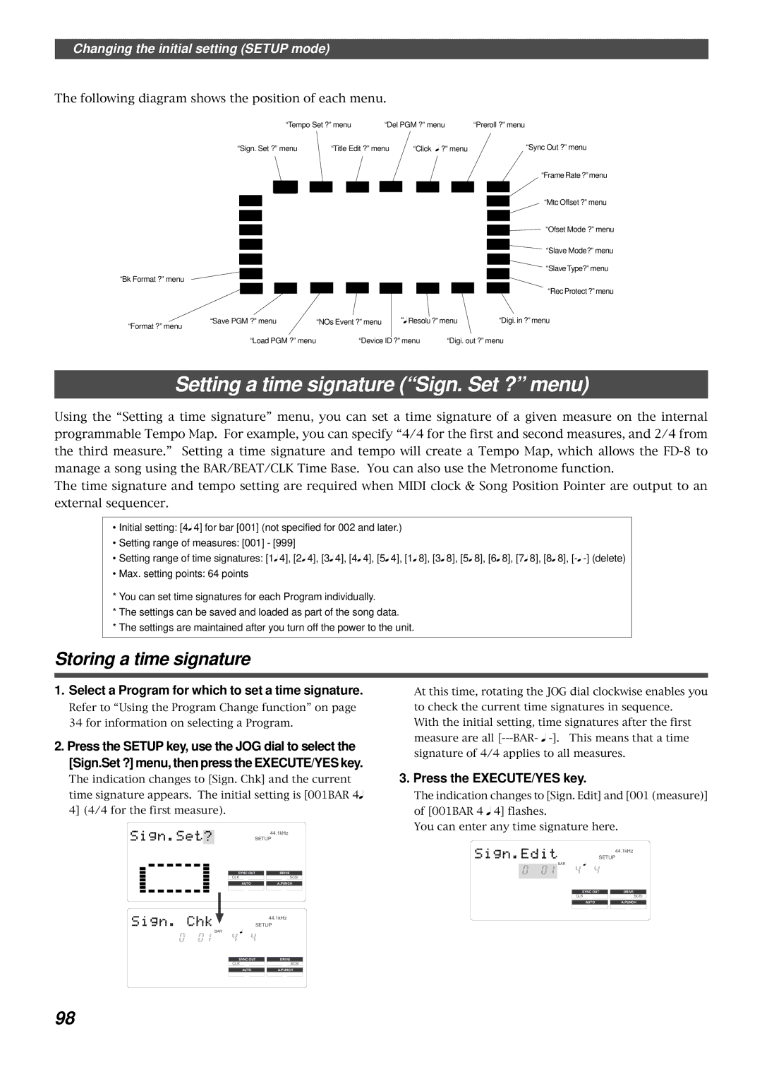 Fostex FD-8 owner manual Setting a time signature Sign. Set ? menu, Storing a time signature 