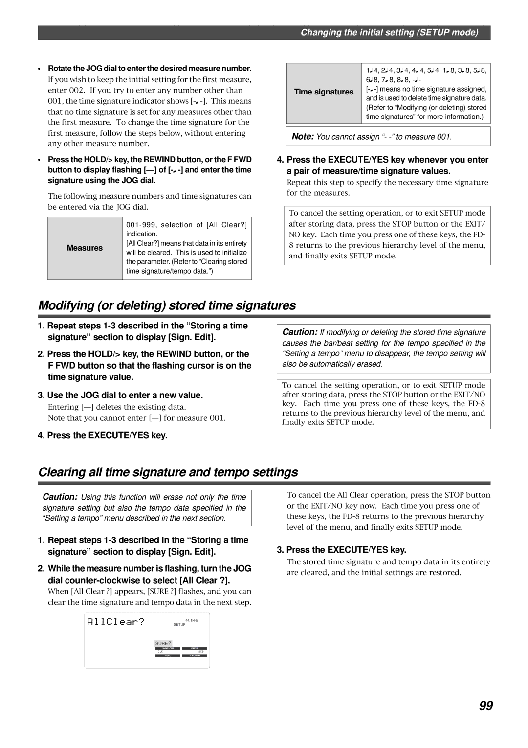 Fostex FD-8 Modifying or deleting stored time signatures, Clearing all time signature and tempo settings, Measures 