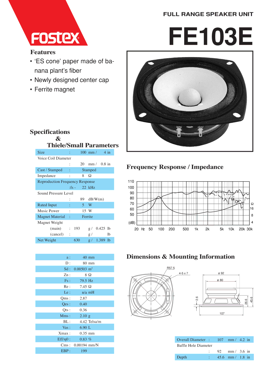 Fostex FE103E dimensions Features, Specifications Thiele/Small Parameters, Frequency Response / Impedance 