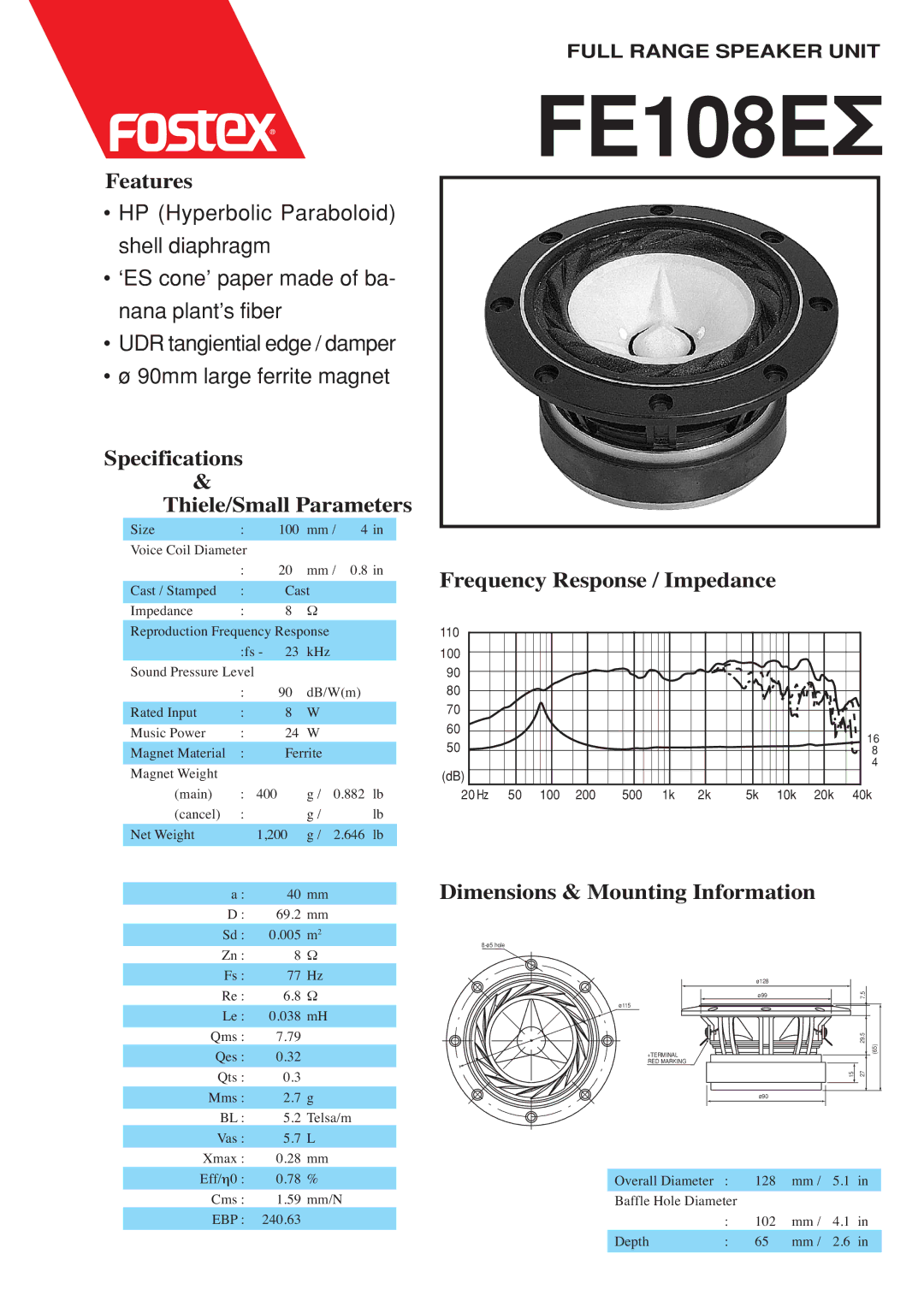 Fostex FE108E dimensions Features, Specifications Thiele/Small Parameters, Frequency Response / Impedance 