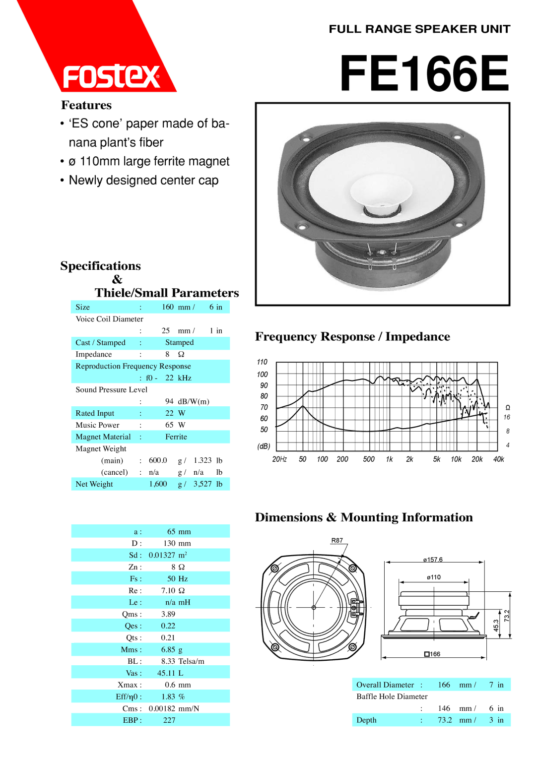 Fostex FE166e dimensions FE166E, Features, Specifications Thiele/Small Parameters, Frequency Response / Impedance 