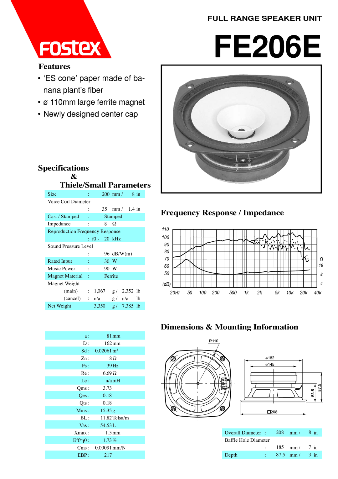 Fostex FE206E dimensions Features, Specifications Thiele/Small Parameters, Frequency Response / Impedance 