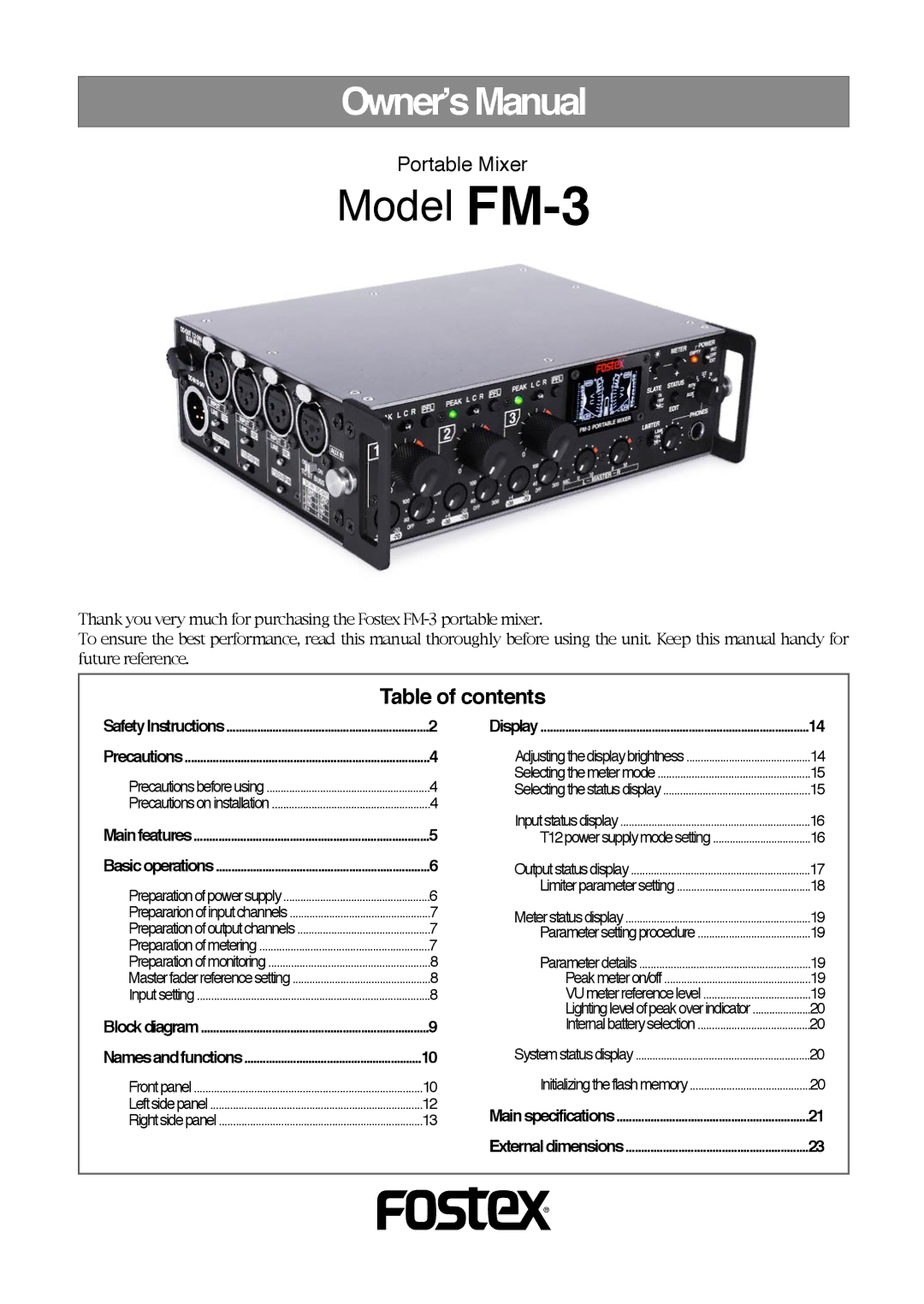 Fostex owner manual Model FM-3, Table of contents 