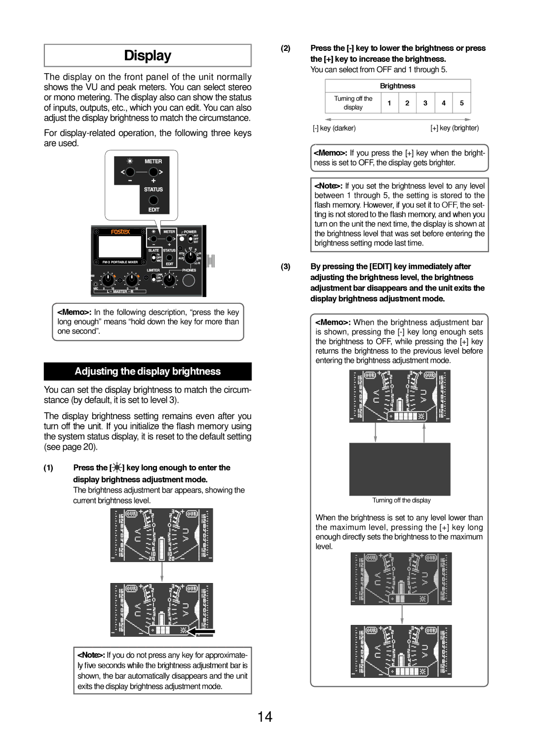 Fostex FM-3 owner manual Display, Adjusting the display brightness, You can select from OFF and 1 through, Key darker 