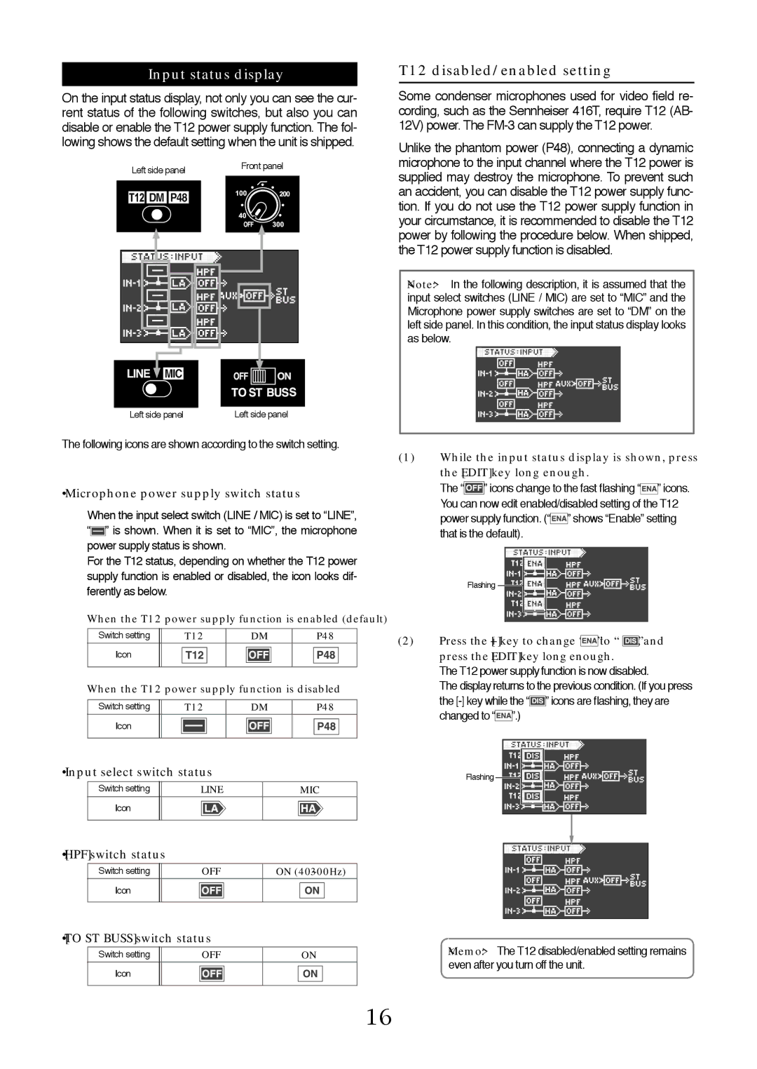 Fostex FM-3 Input status display, Microphone power supply switch status, Input select switch status, HPF switch status 