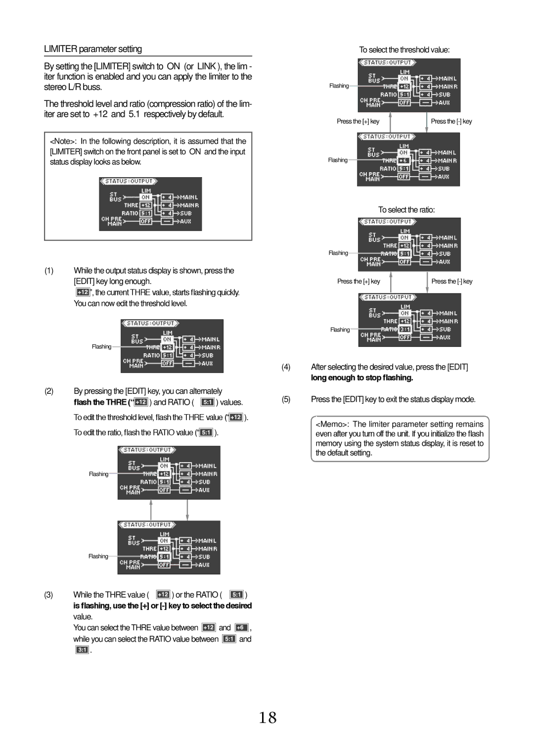 Fostex FM-3 owner manual Limiter parameter setting, Long enough to stop flashing, Values 