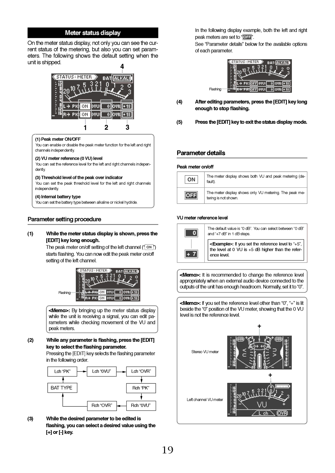 Fostex FM-3 Meter status display, Parameter setting procedure, + or key, Peak meter on/off, VU meter reference level 