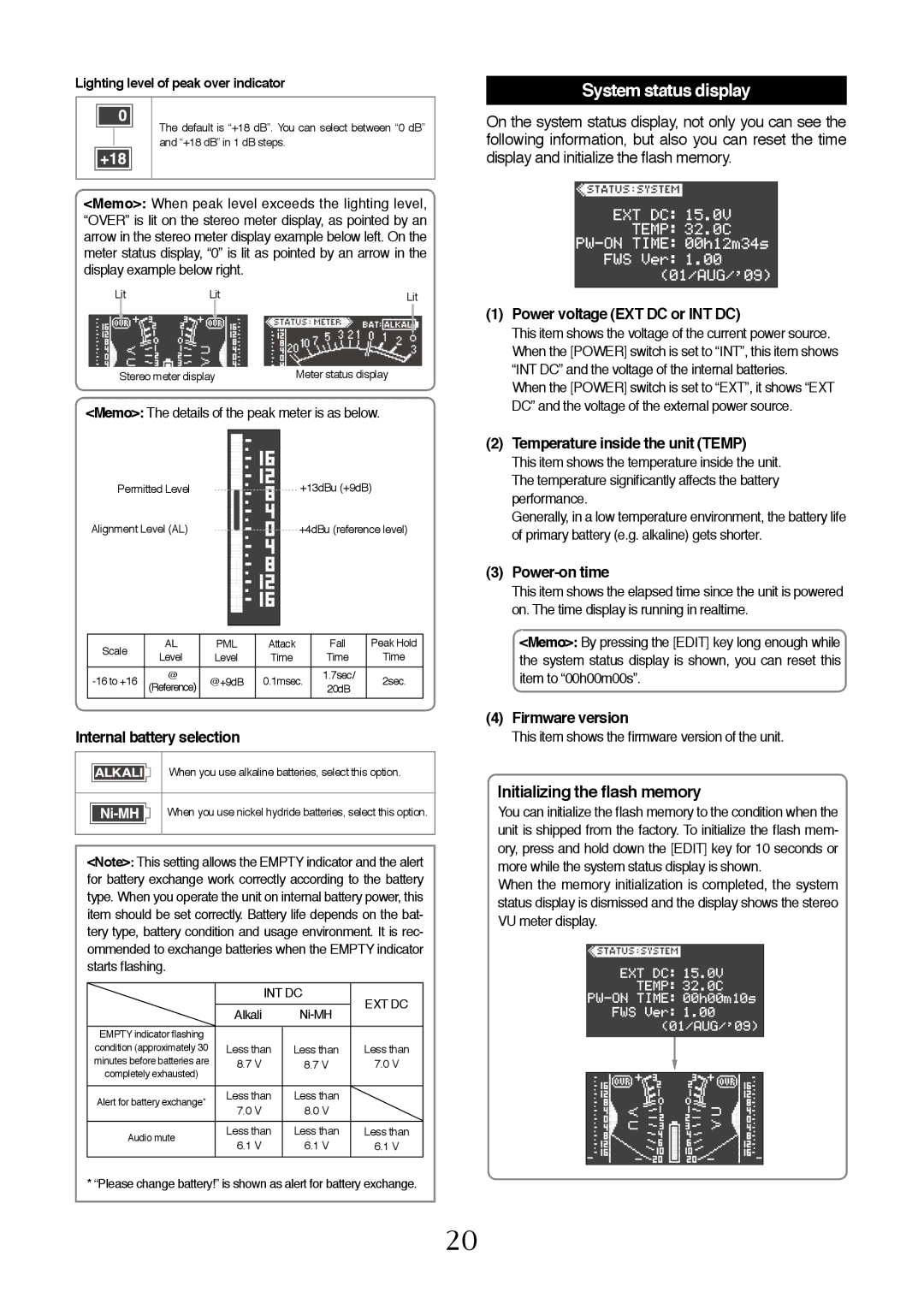 Fostex FM-3 owner manual System status display, Initializing the flash memory 