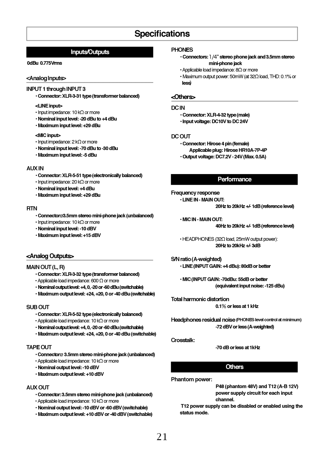 Fostex FM-3 owner manual Specifications, Inputs/Outputs, Performance, Others 