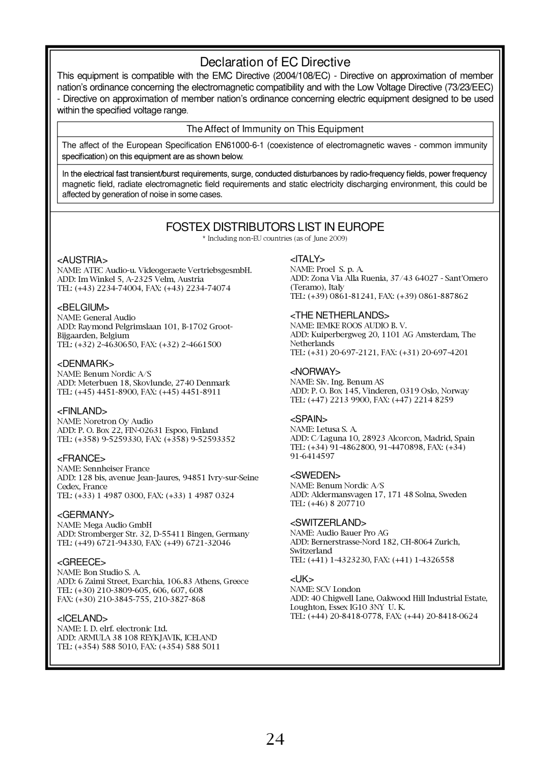 Fostex FM-3 owner manual Declaration of EC Directive, Affect of Immunity on This Equipment 