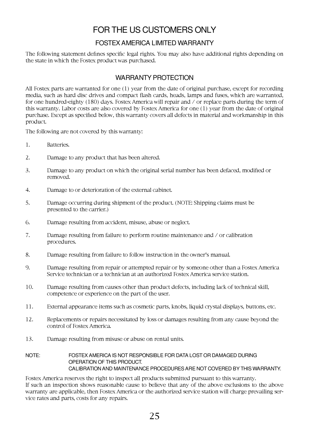 Fostex FM-3 owner manual For the US Customers only 