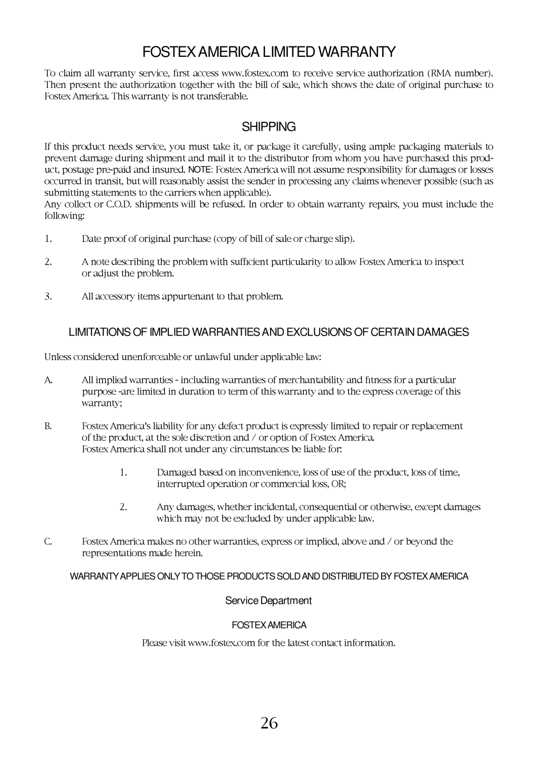 Fostex FM-3 owner manual Fostex America Limited Warranty 