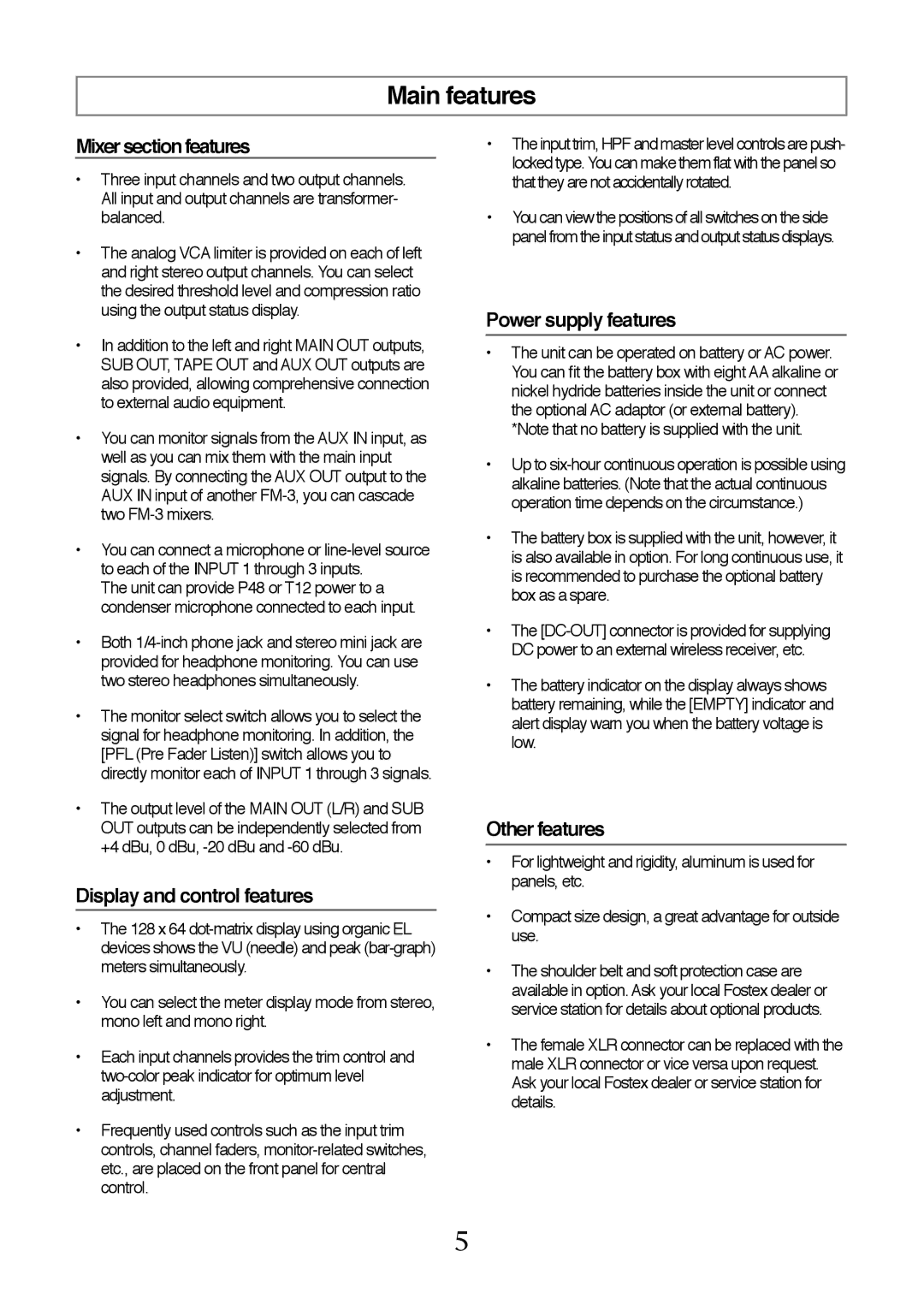 Fostex FM-3 owner manual Main features, Mixer section features 