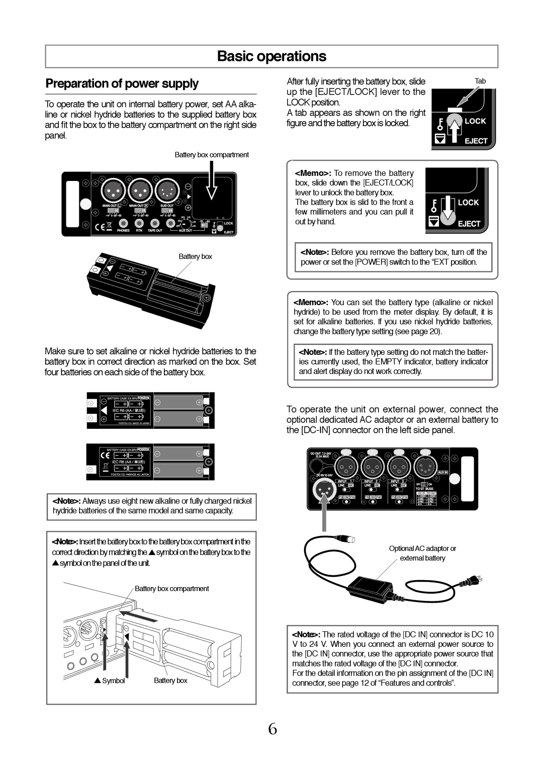 Fostex FM-3 owner manual Basic operations, Preparation of power supply, Battery box compartment Symbol 