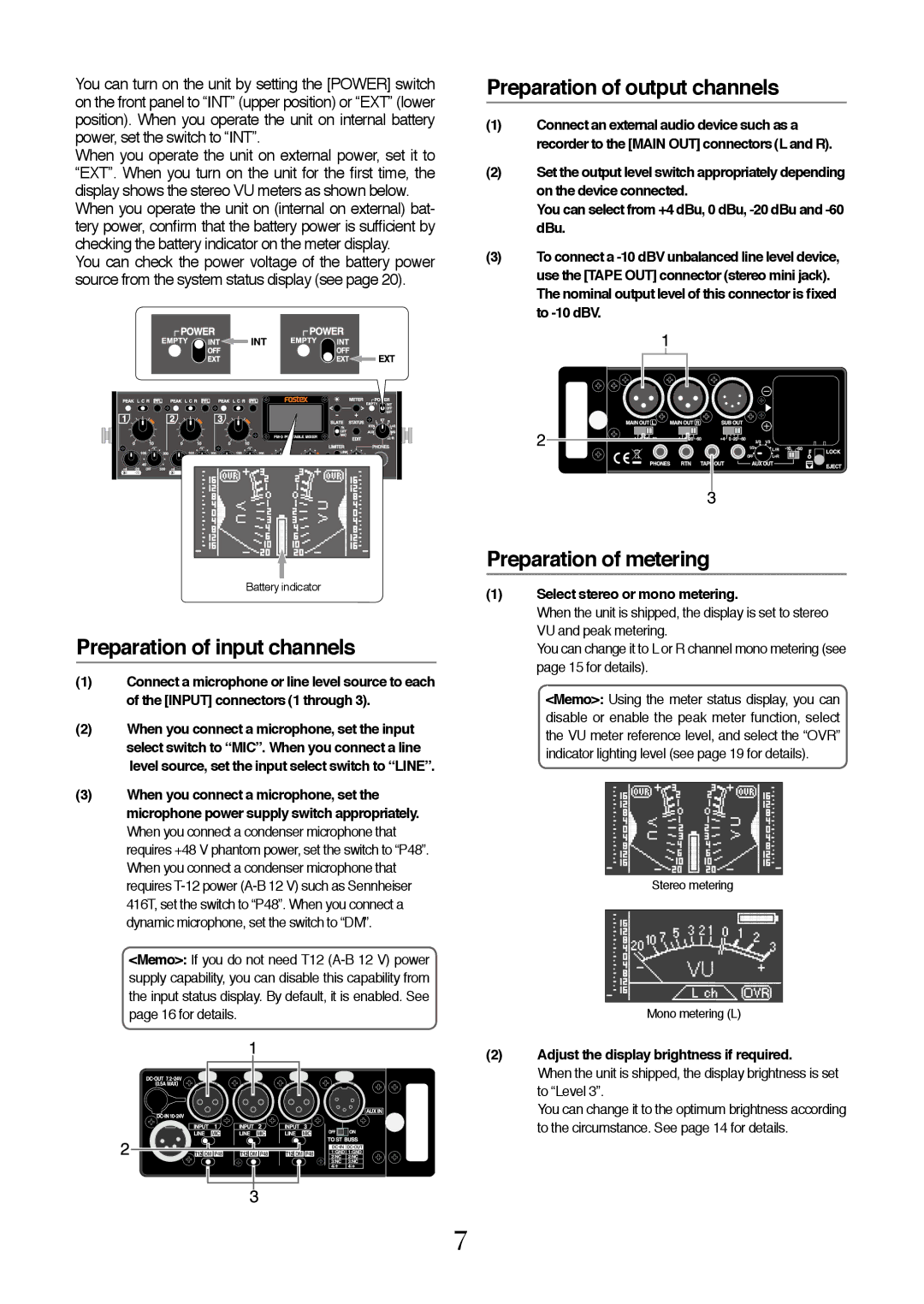 Fostex FM-3 owner manual Preparation of output channels, Preparation of input channels, Preparation of metering 