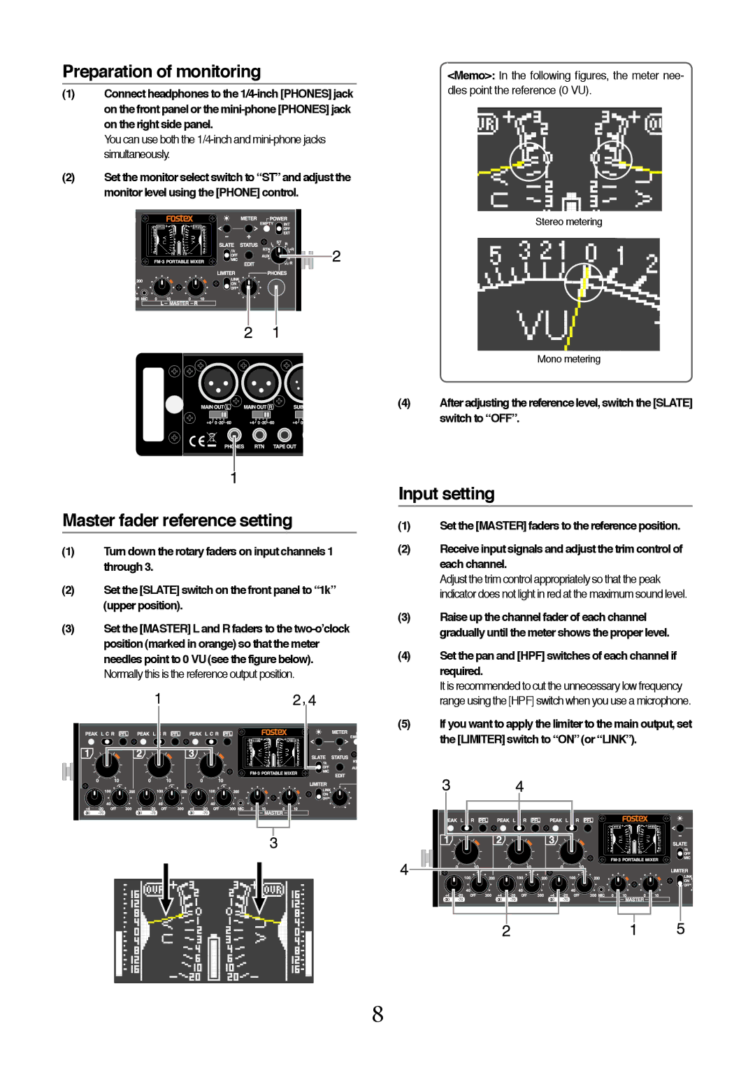 Fostex FM-3 owner manual Preparation of monitoring, Input setting Master fader reference setting 