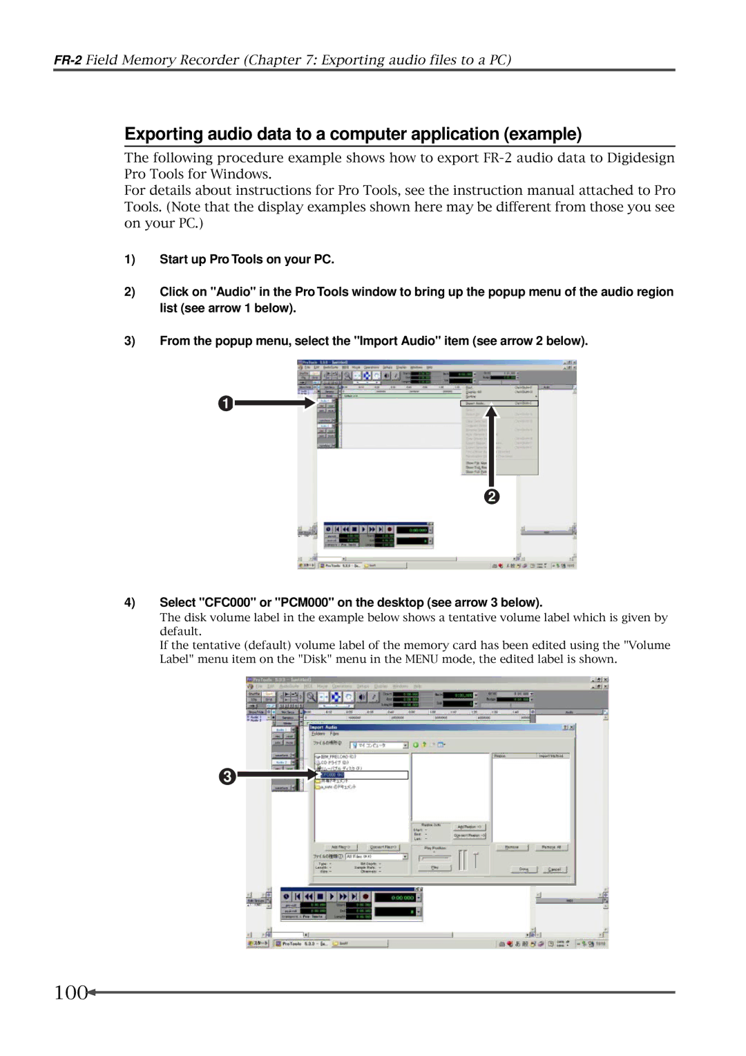 Fostex FR-2 owner manual Exporting audio data to a computer application example, 100 