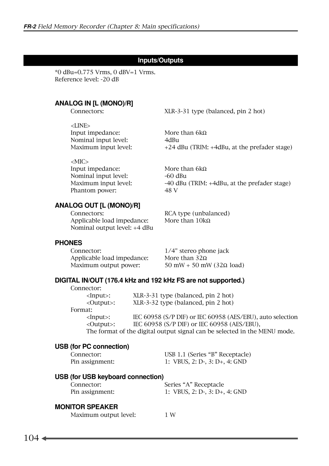 Fostex FR-2 owner manual Digital IN/OUT 176.4 kHz and 192 kHz FS are not supported, USB for PC connection 