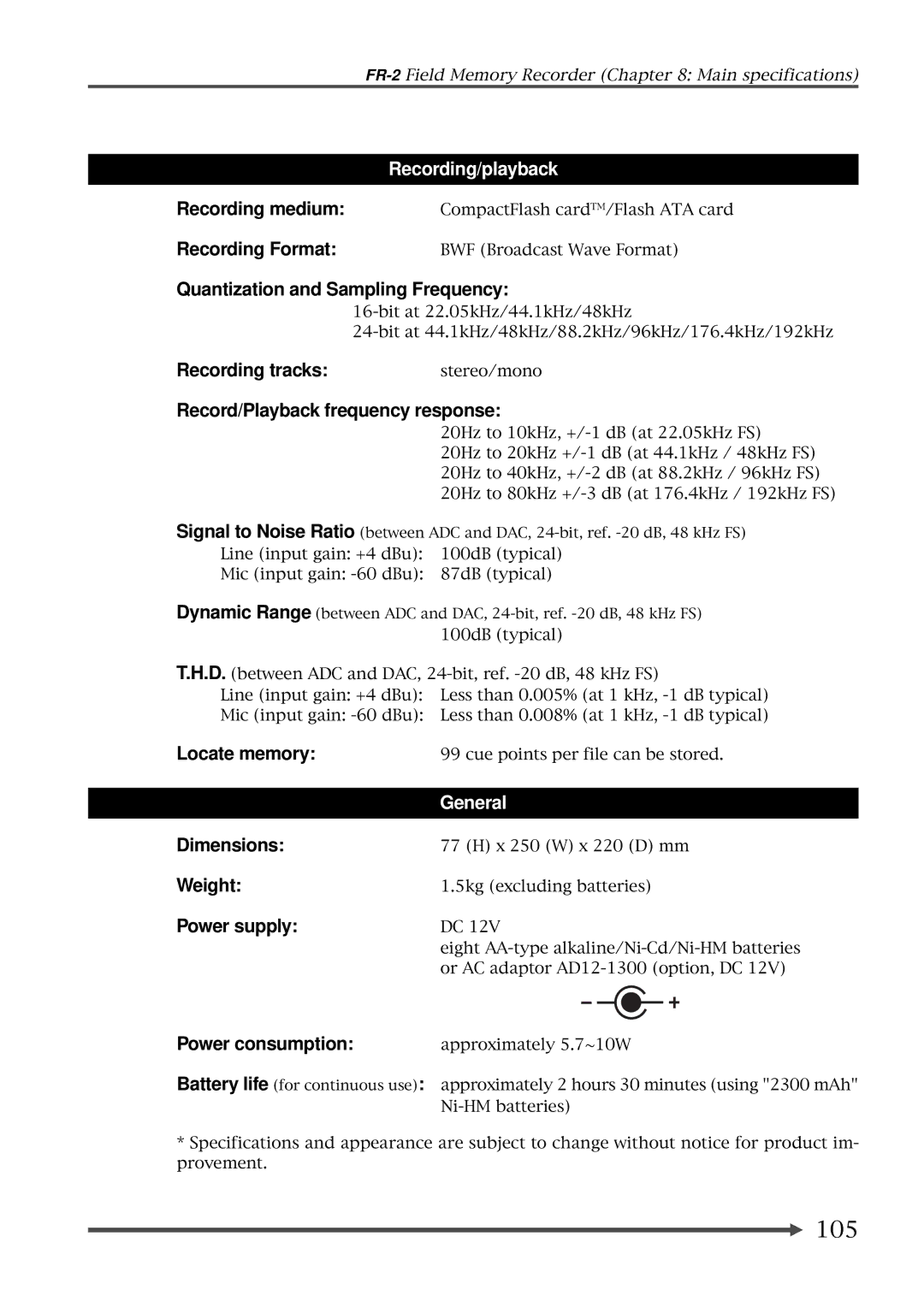 Fostex FR-2 owner manual Quantization and Sampling Frequency, Locate memory, Dimensions, Weight, Power supply 