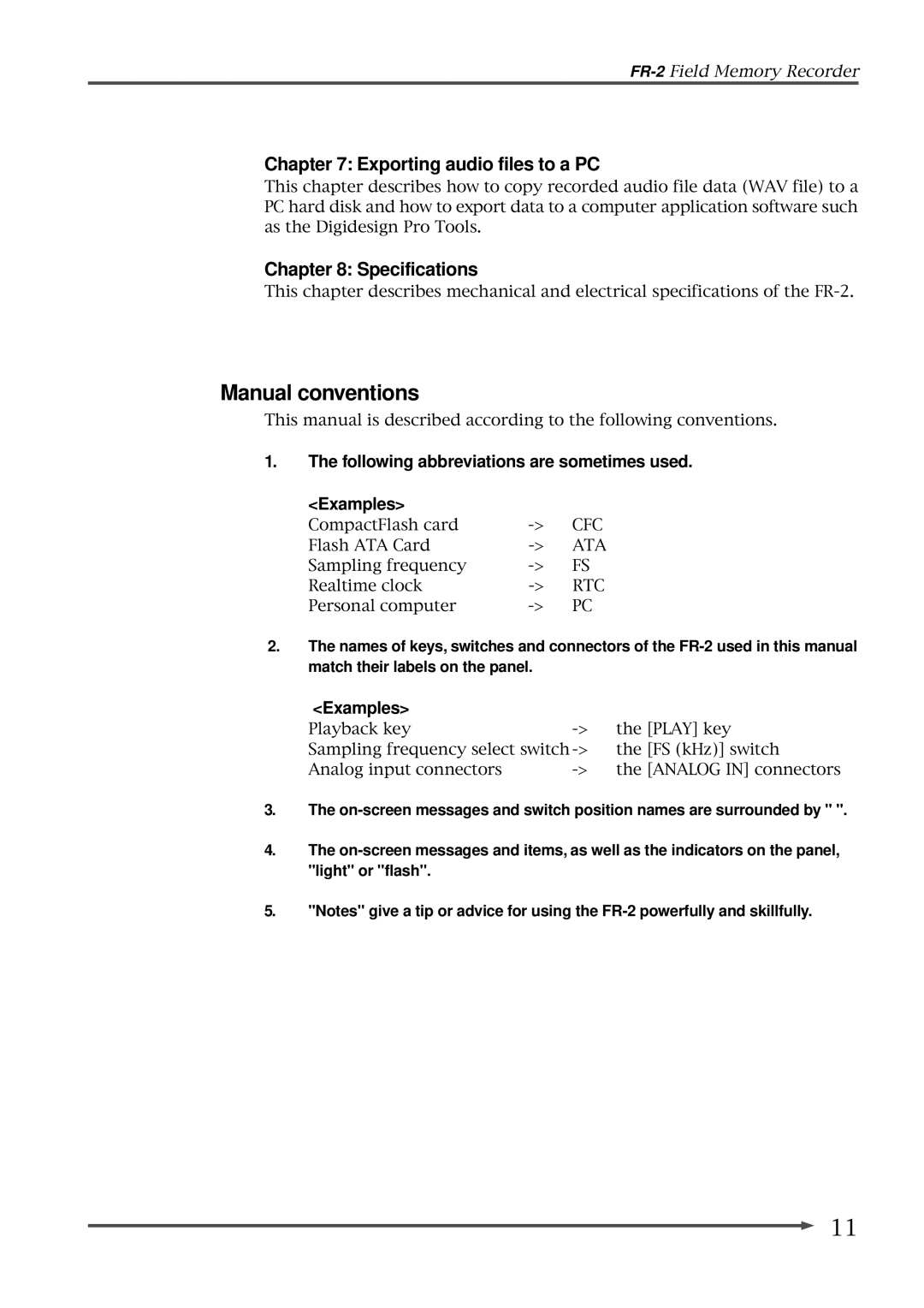 Fostex FR-2 owner manual Manual conventions, Exporting audio files to a PC, Specifications 