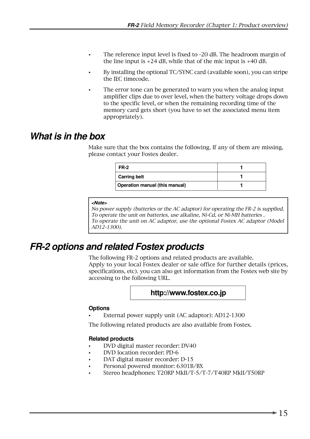 Fostex owner manual What is in the box, FR-2 Carring belt 