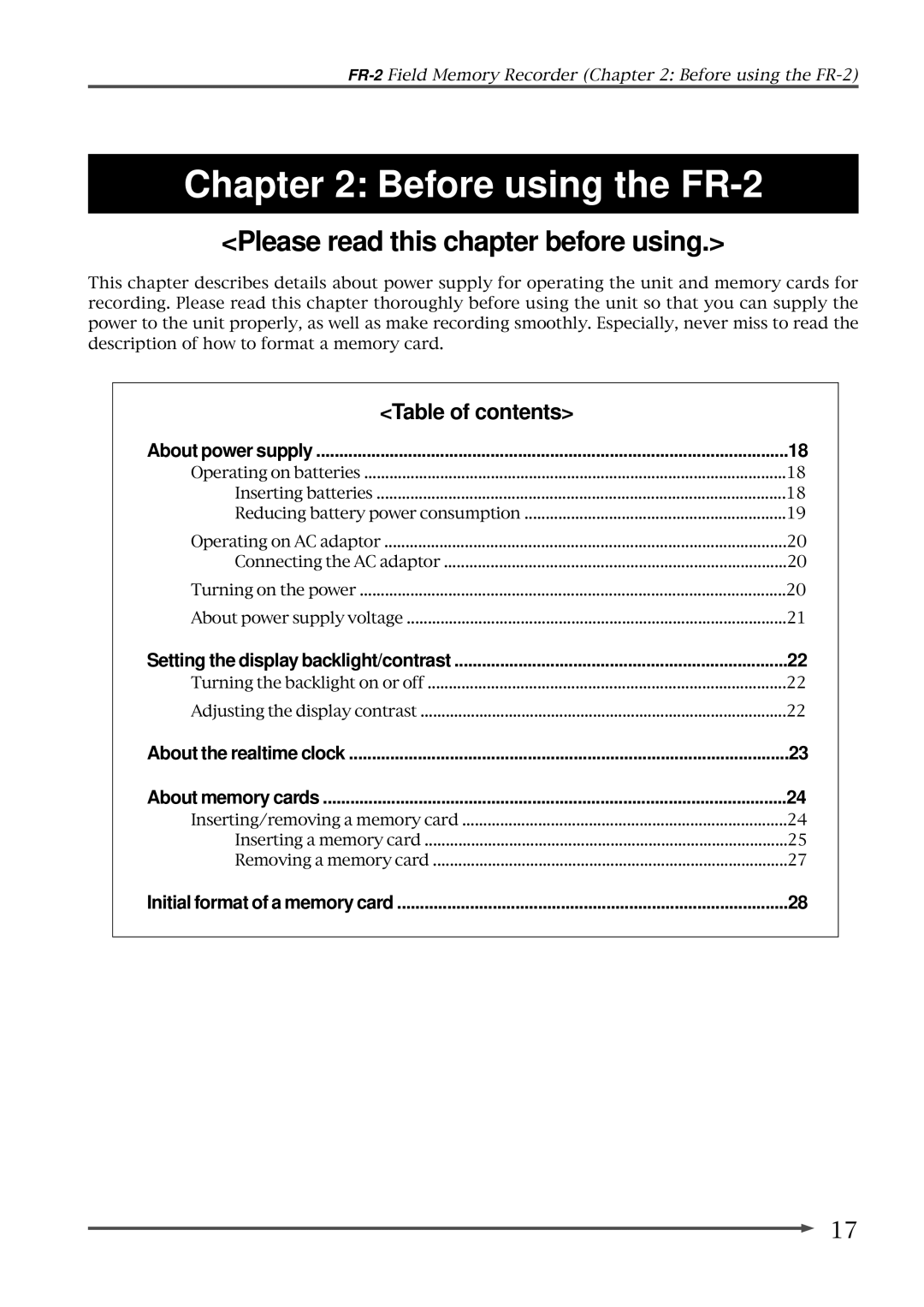 Fostex FR-2 owner manual Please read this chapter before using, Table of contents 