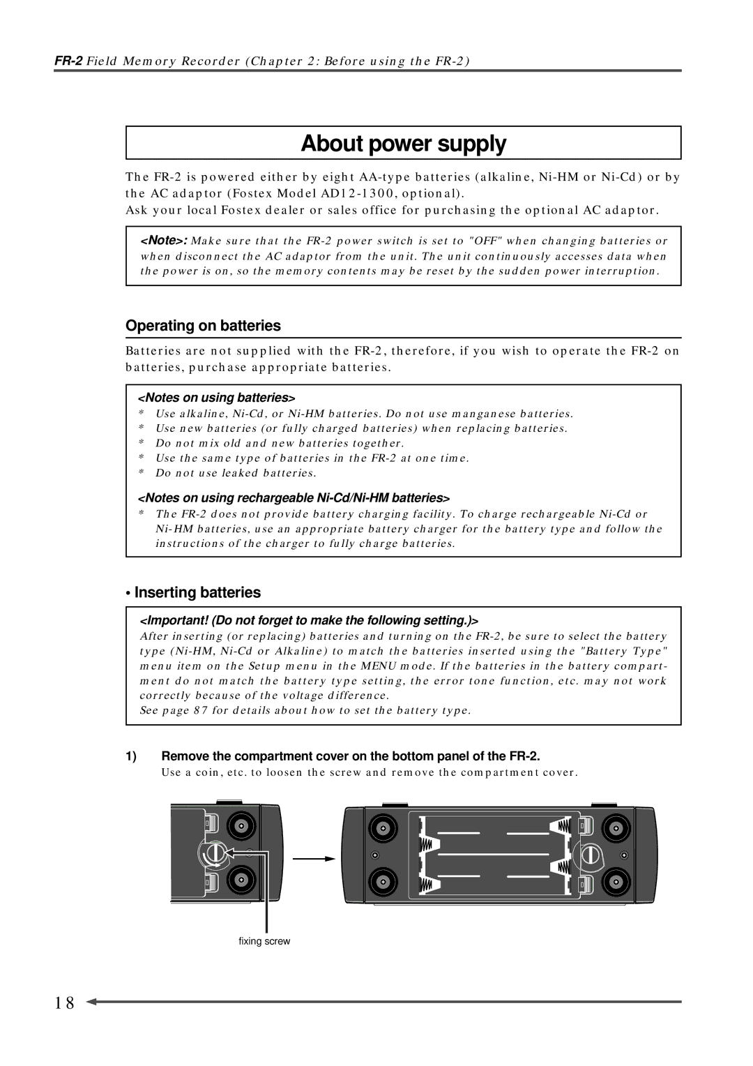 Fostex FR-2 owner manual About power supply, Operating on batteries, Inserting batteries 
