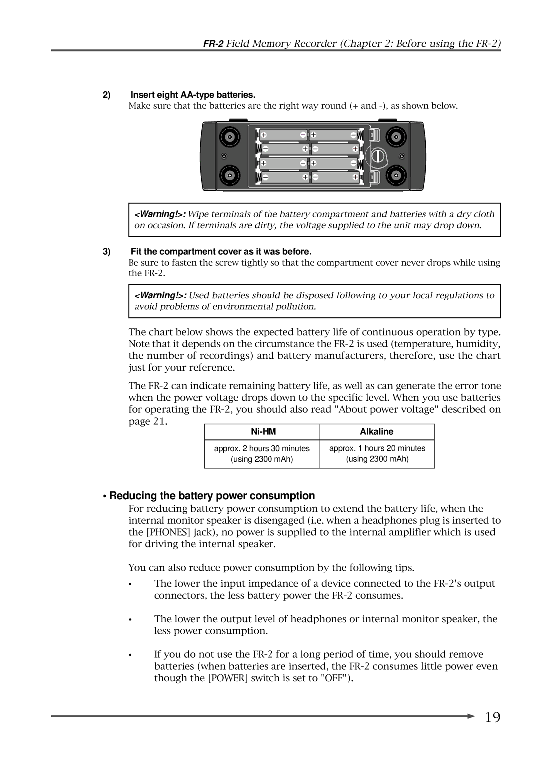 Fostex FR-2 owner manual Reducing the battery power consumption, Insert eight AA-type batteries, Ni-HM, Alkaline 