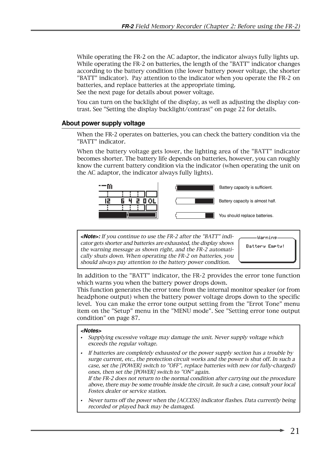 Fostex FR-2 owner manual About power supply voltage 