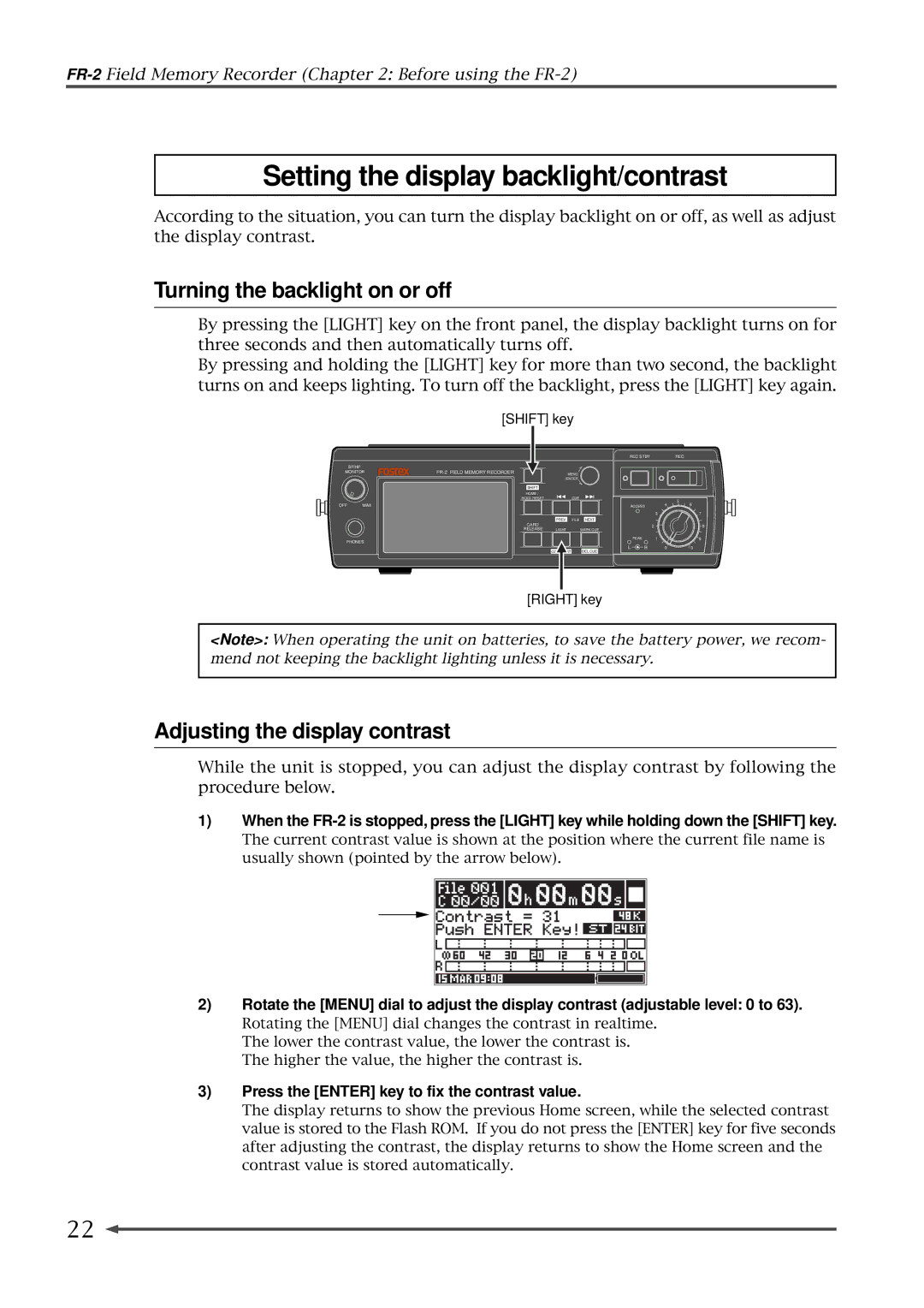 Fostex FR-2 Setting the display backlight/contrast, Turning the backlight on or off, Adjusting the display contrast 