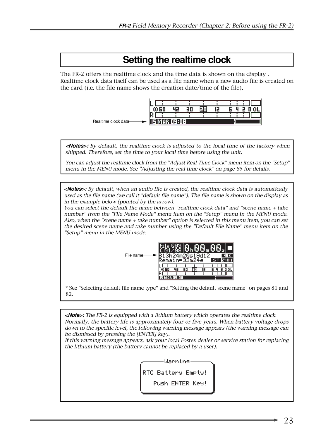 Fostex FR-2 owner manual Setting the realtime clock 