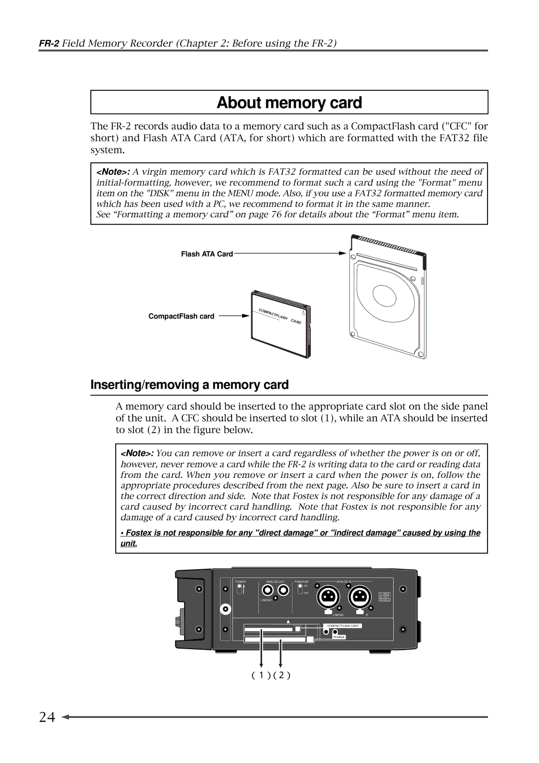 Fostex FR-2 owner manual About memory card, Inserting/removing a memory card 