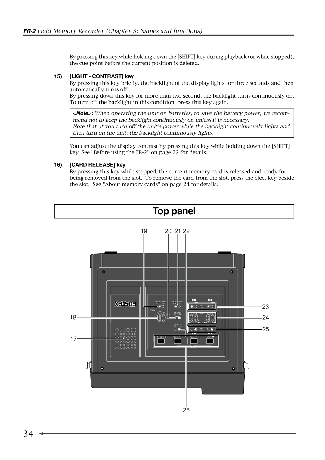 Fostex FR-2 owner manual Top panel, Light Contrast key, Card Release key 