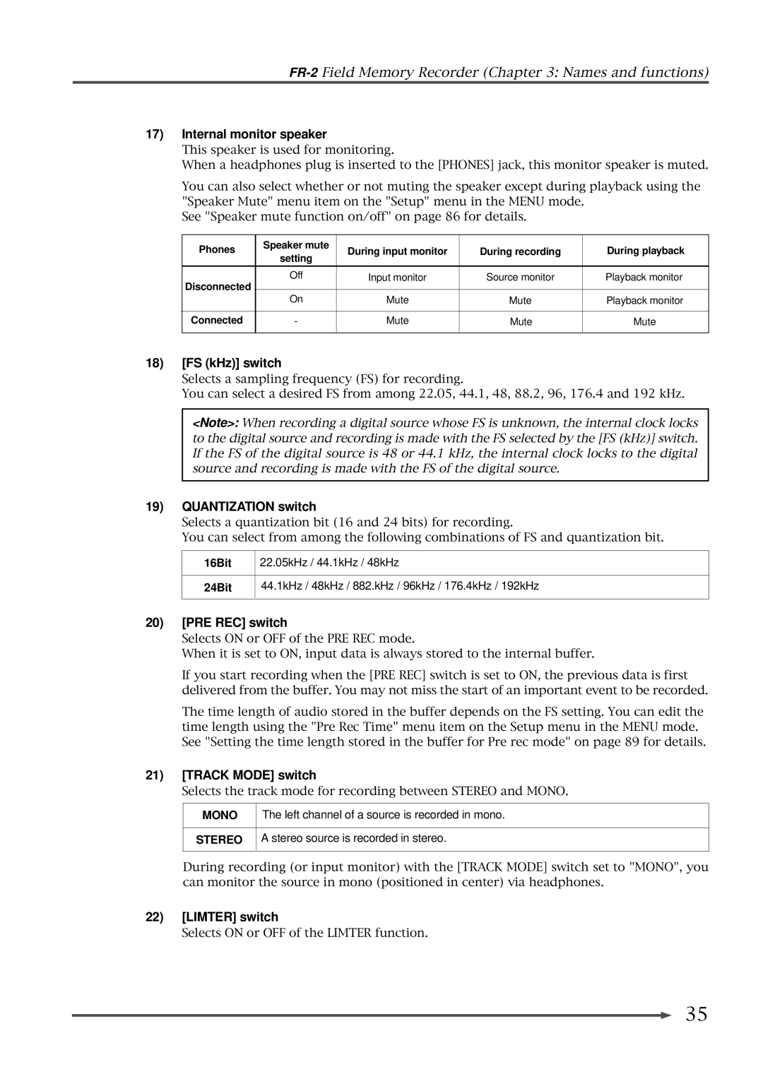 Fostex FR-2 Internal monitor speaker, FS kHz switch, Quantization switch, PRE REC switch, Track Mode switch, Limter switch 