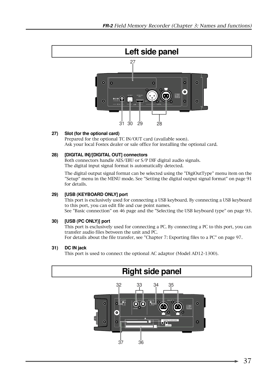 Fostex FR-2 owner manual Left side panel, Right side panel 
