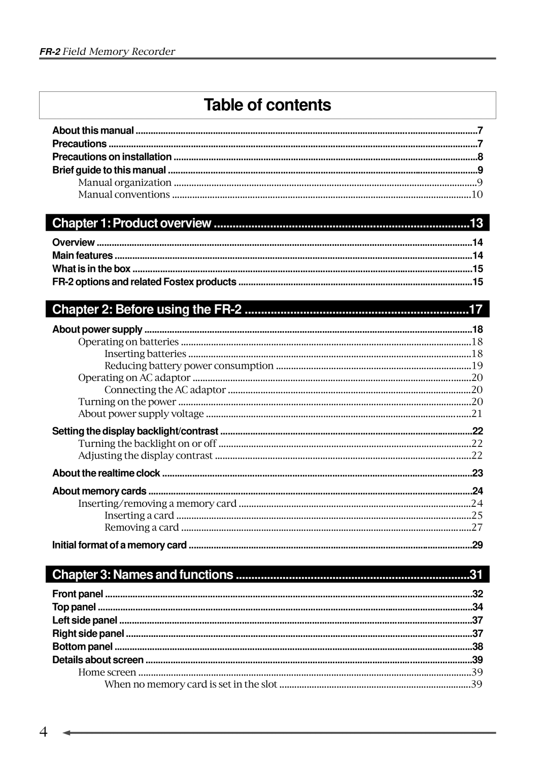 Fostex FR-2 owner manual Table of contents 
