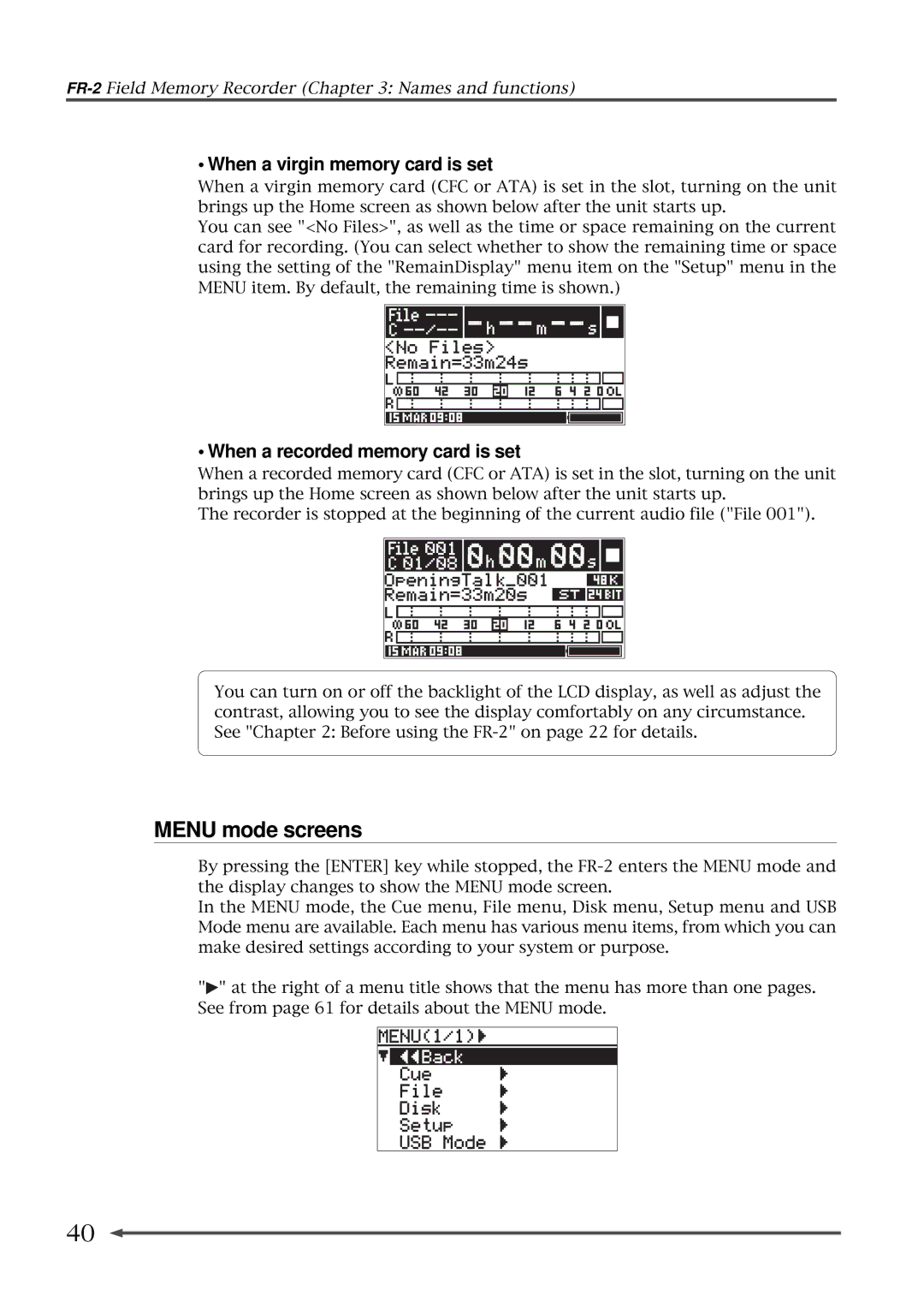 Fostex FR-2 owner manual Menu mode screens, When a virgin memory card is set, When a recorded memory card is set 