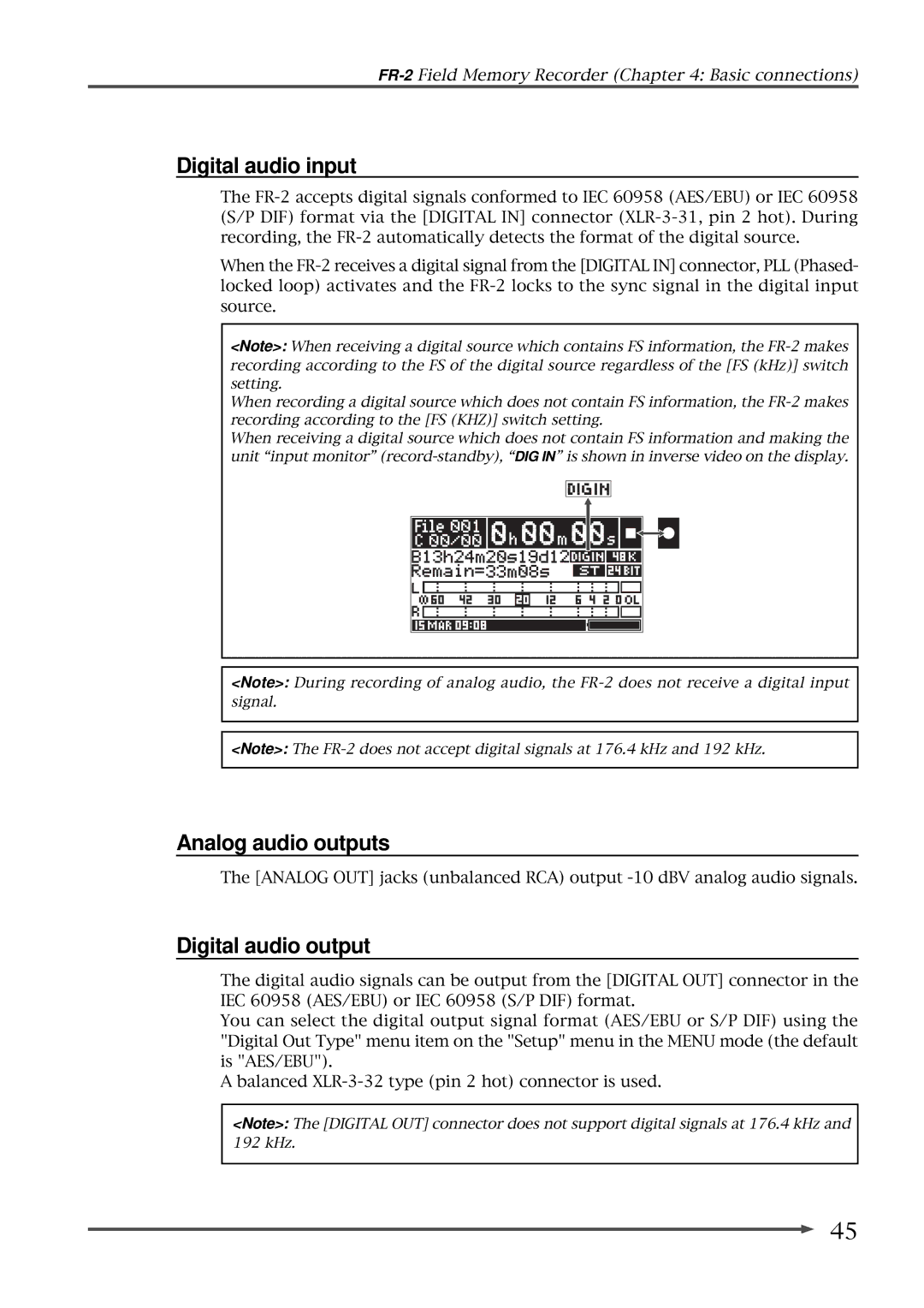 Fostex FR-2 owner manual Digital audio input, Analog audio outputs, Digital audio output 