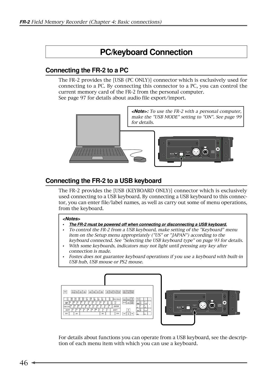 Fostex owner manual PC/keyboard Connection, Connecting the FR-2 to a PC, Connecting the FR-2 to a USB keyboard 