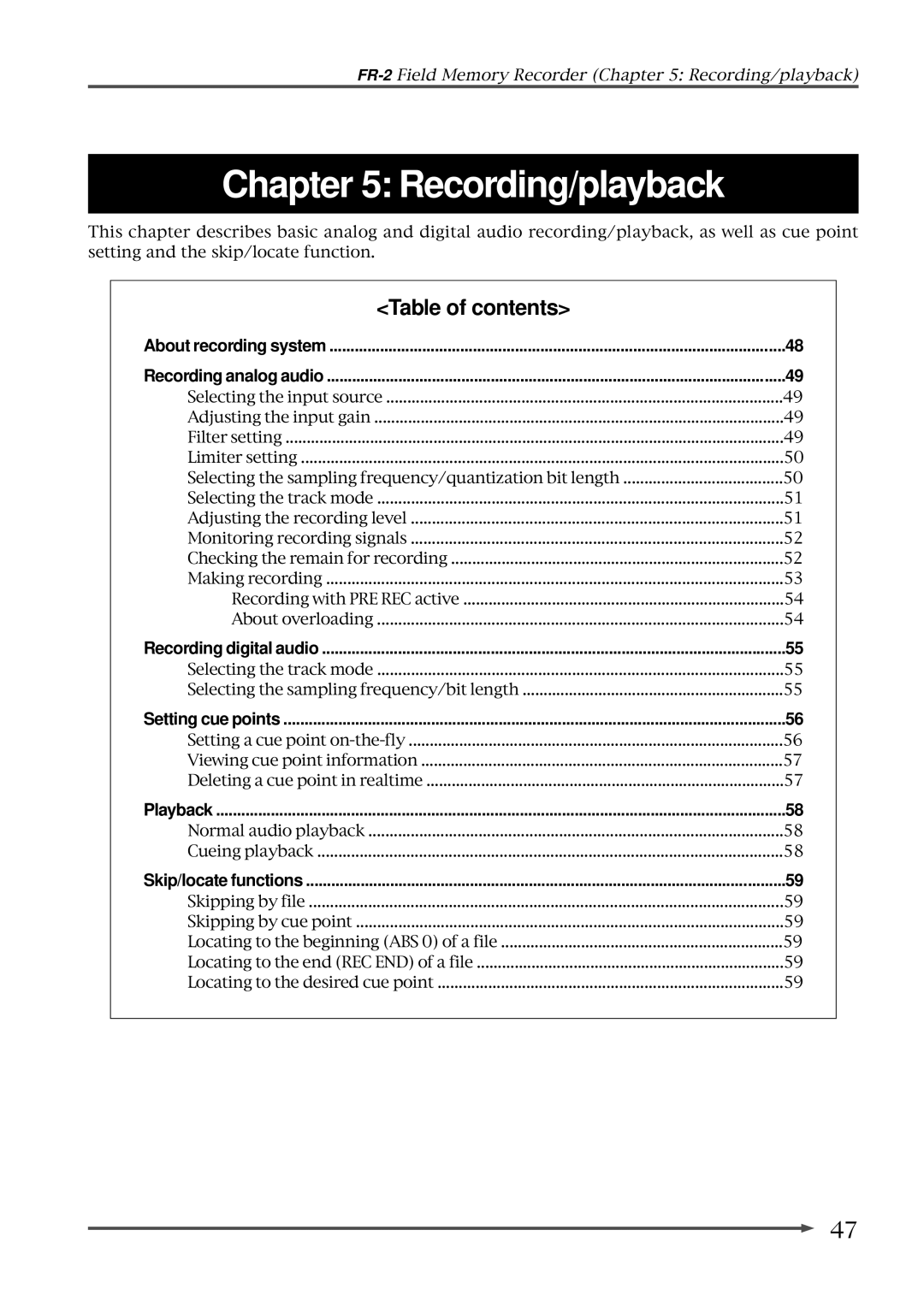 Fostex FR-2 owner manual Recording/playback, Skip/locate functions 