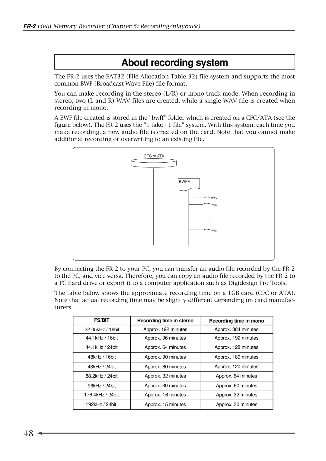 Fostex FR-2 owner manual About recording system, Recording time in stereo Recording time in mono 