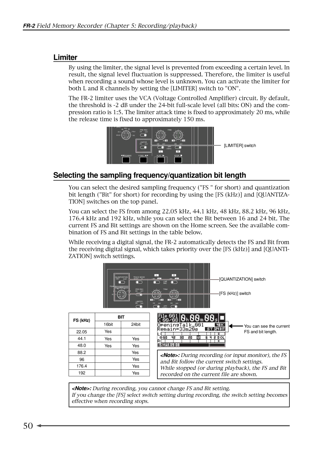 Fostex FR-2 owner manual Limiter, Selecting the sampling frequency/quantization bit length 