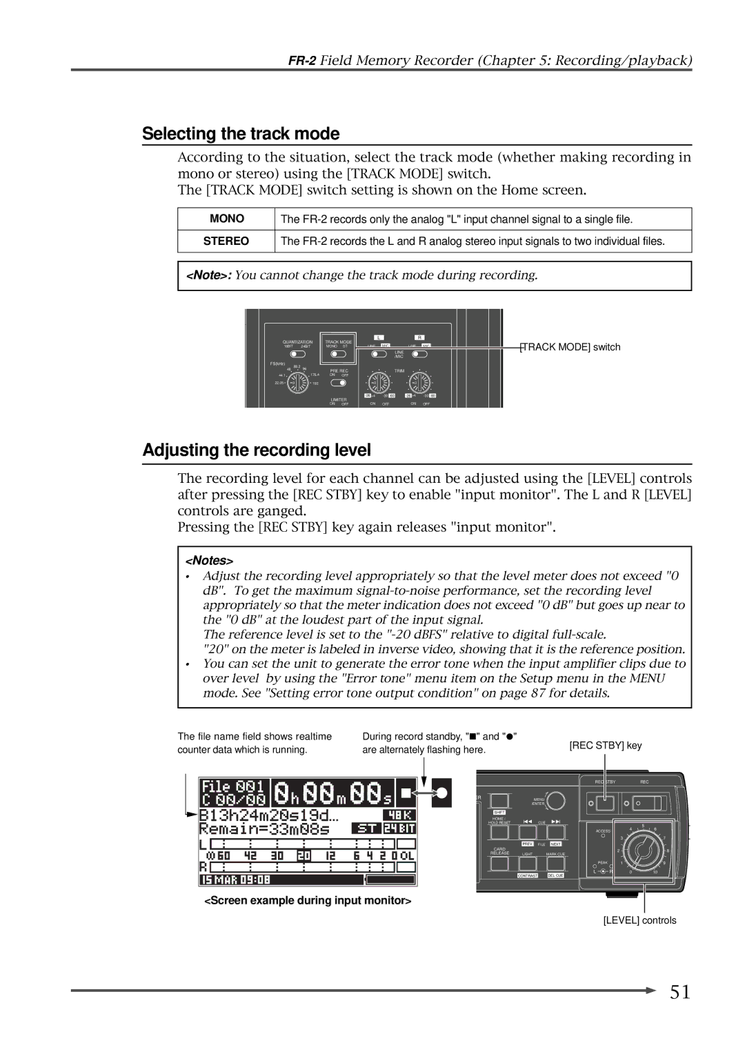 Fostex FR-2 Selecting the track mode, Adjusting the recording level, Screen example during input monitor Level controls 