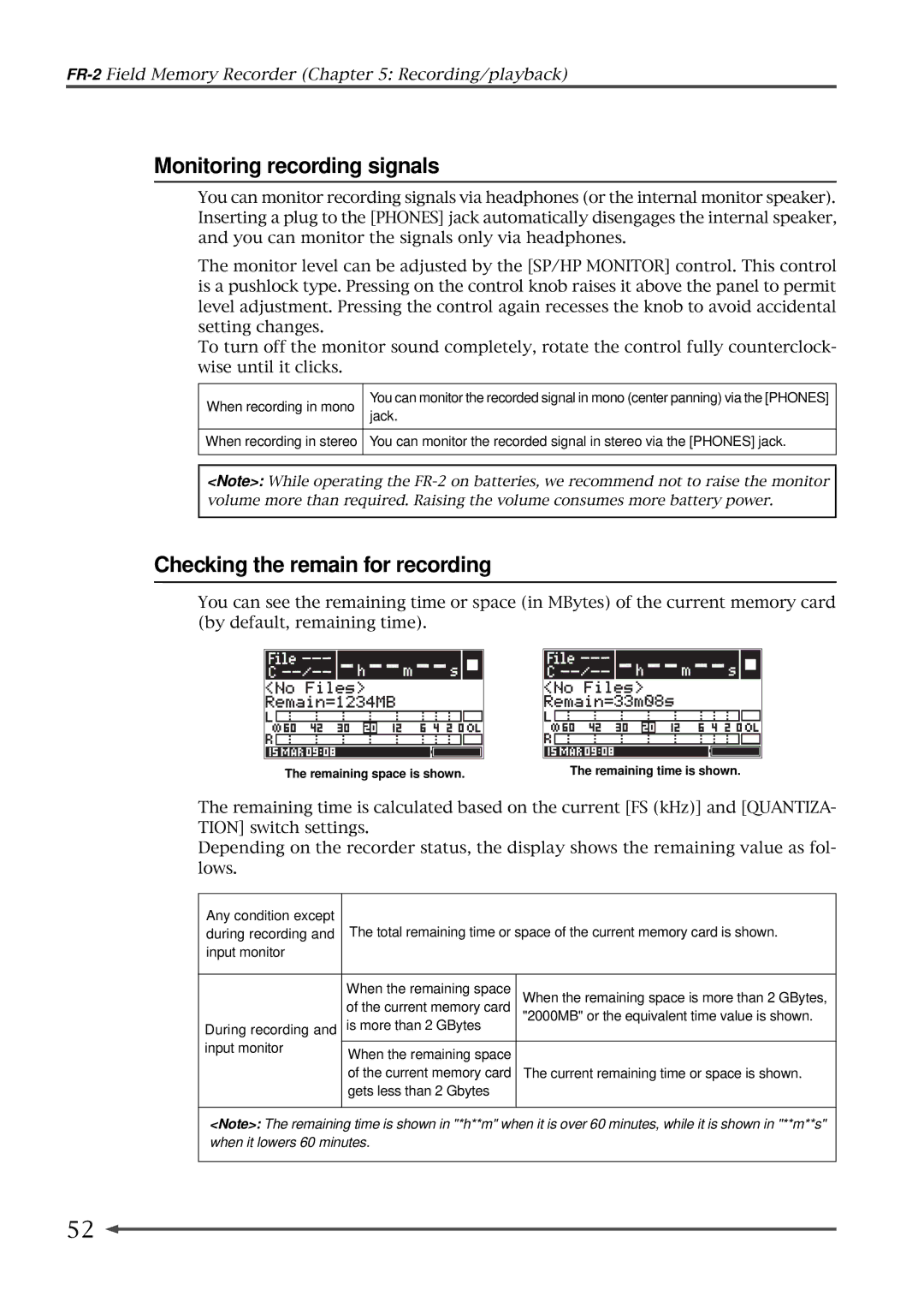 Fostex FR-2 owner manual Monitoring recording signals, Checking the remain for recording 