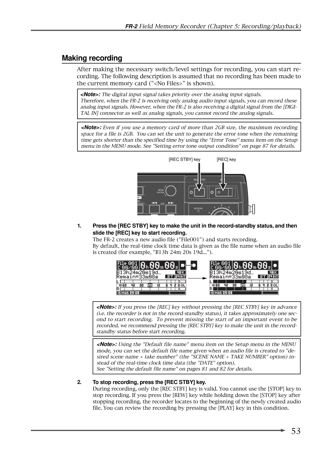 Fostex FR-2 owner manual Making recording, To stop recording, press the REC Stby key 