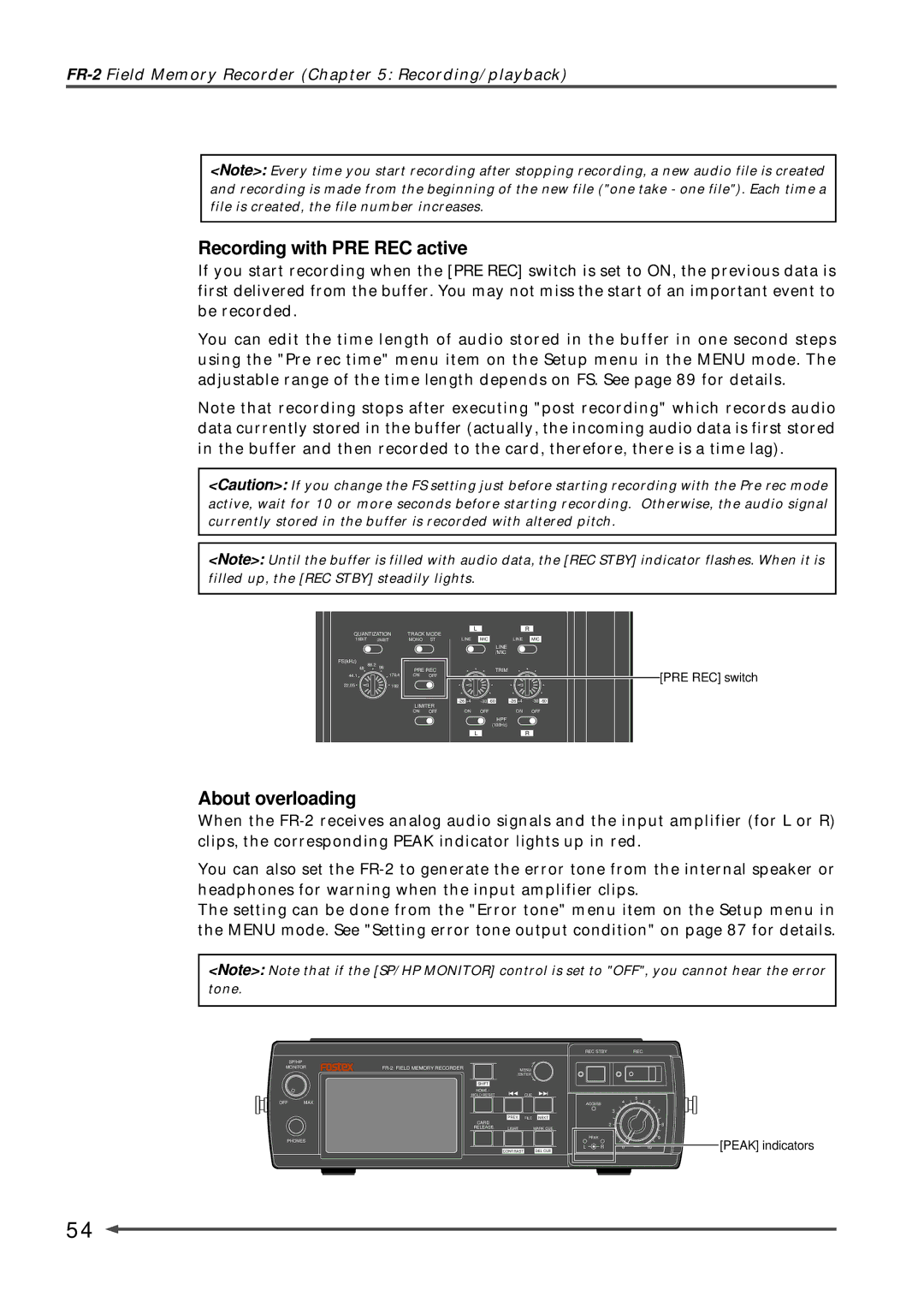 Fostex FR-2 owner manual Recording with PRE REC active, About overloading 